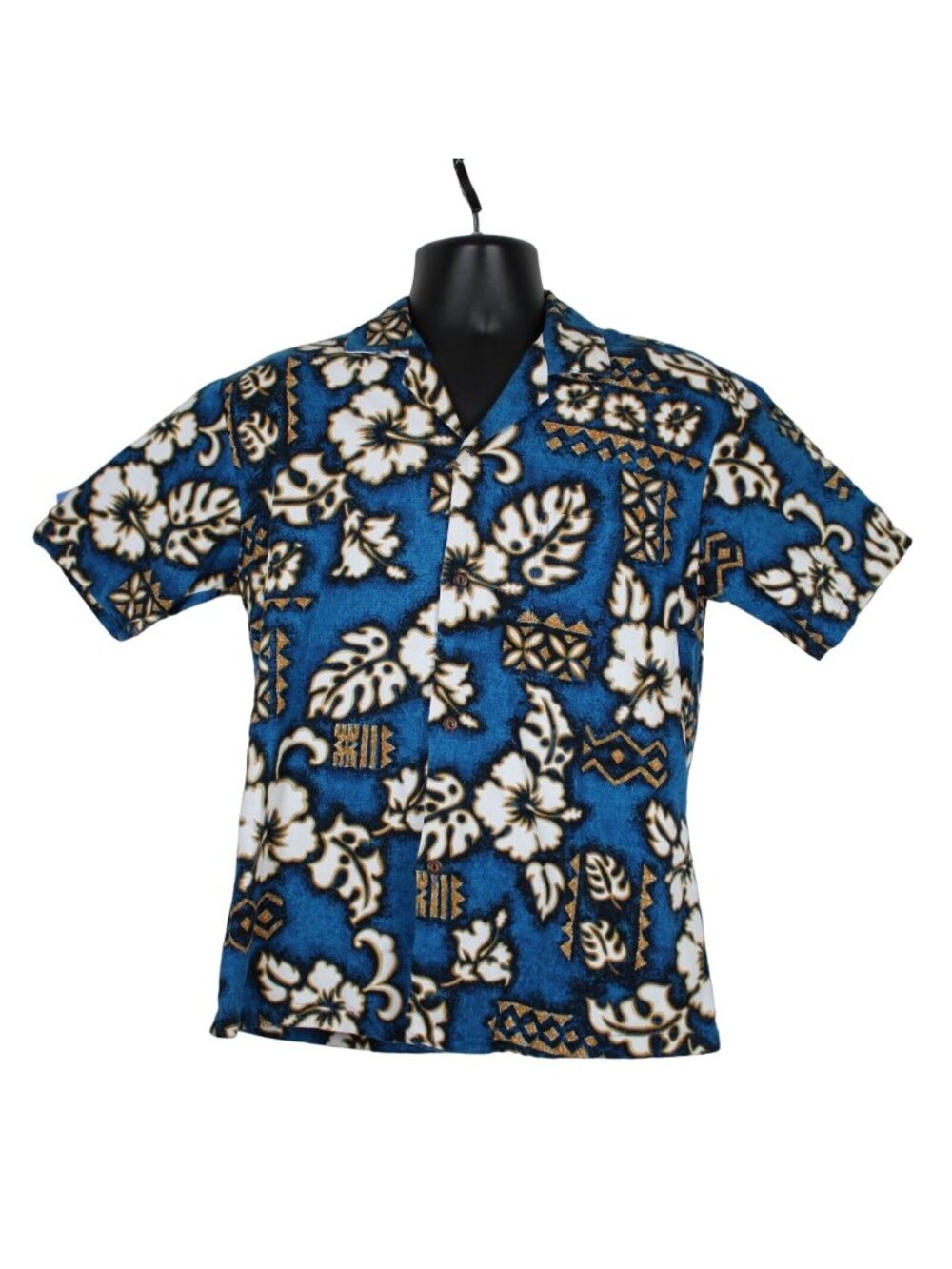Ky's International Fashion Barkcloth Blue Hawaiian Aloha Camp Shirt Mens Small